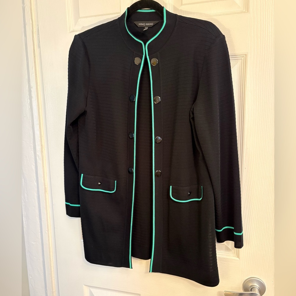 Ming Wang Black Travel Knit Jacket Teal Trim Long Cardigan quiet luxury M NWOT - Picture 6 of 9